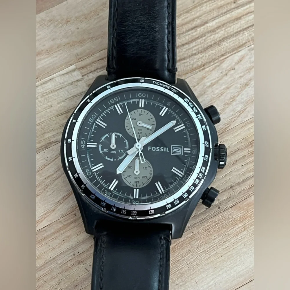Fossil Men’s Watch Chronograph Black Leather Strap Black Dial Stainless Case